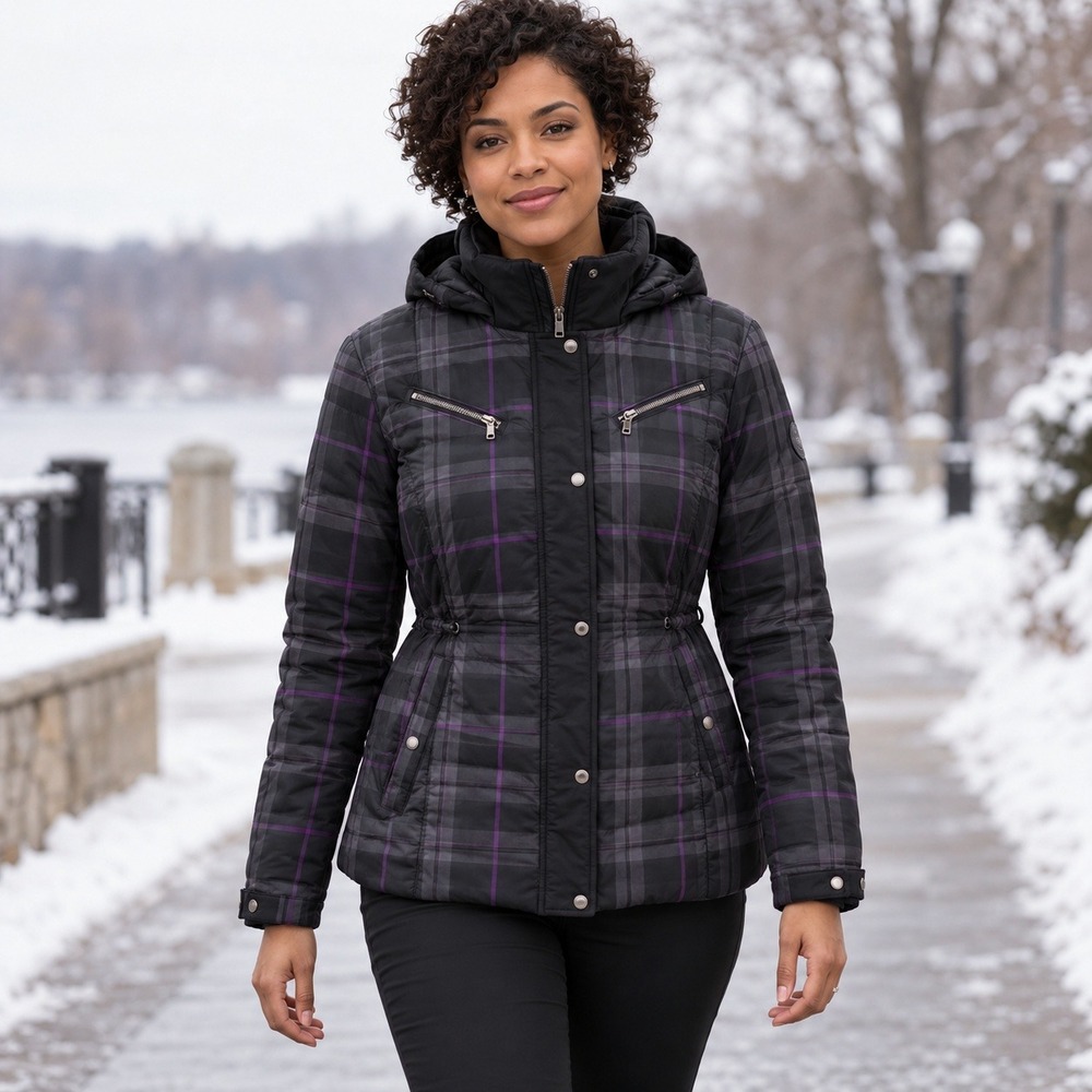 ZeroXposur Women's M Plaid Down Feather Hooded Winter Jacket Purple Black